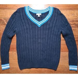 VTG St John's Bay Sweater LG V-Neck Cable Knit College Varsity Tenniscore Cotton